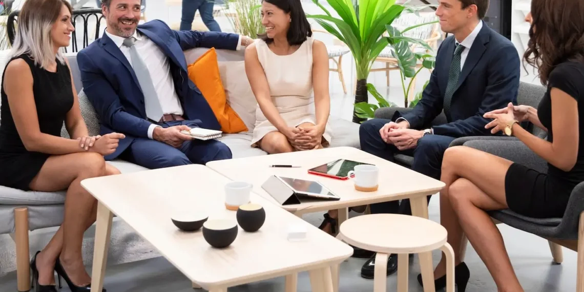 Modern corporate people working together.